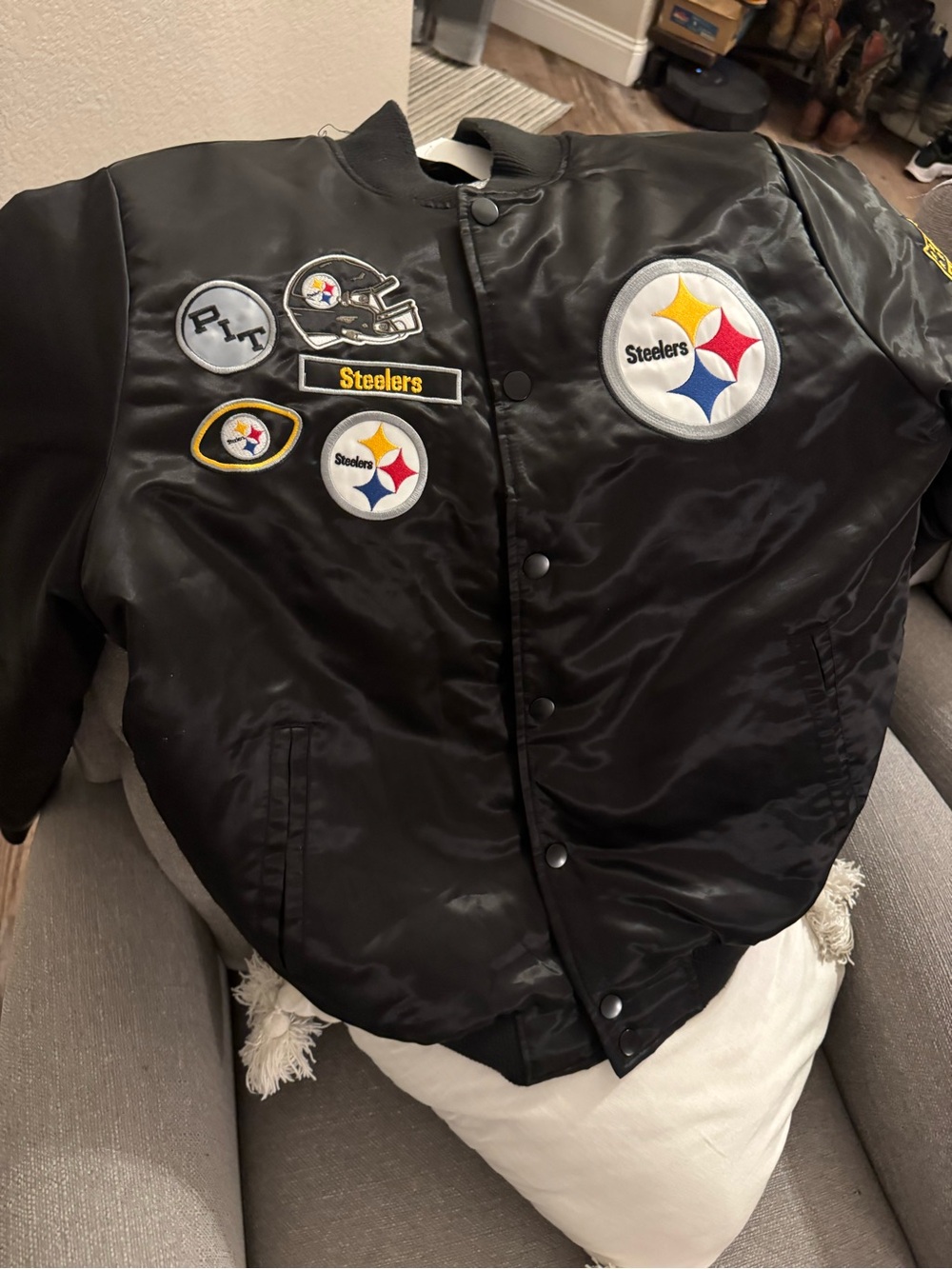 STARTER Black Pittsburgh Steelers Satin Patch Jacket